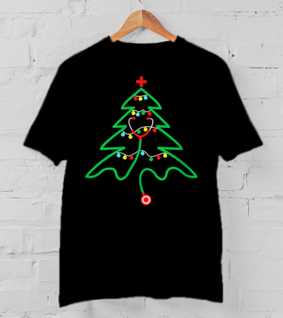 Stethoscope Shaped Christmas Tree With Holiday Lights T-Shirt