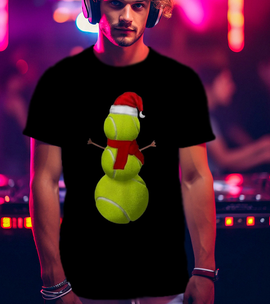 Tennis Ball Snowman With Santa Hat And Scarf Merry Christmas T-Shirt