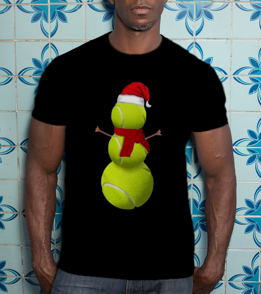 Tennis Ball Snowman With Santa Hat And Scarf Merry Christmas T-Shirt