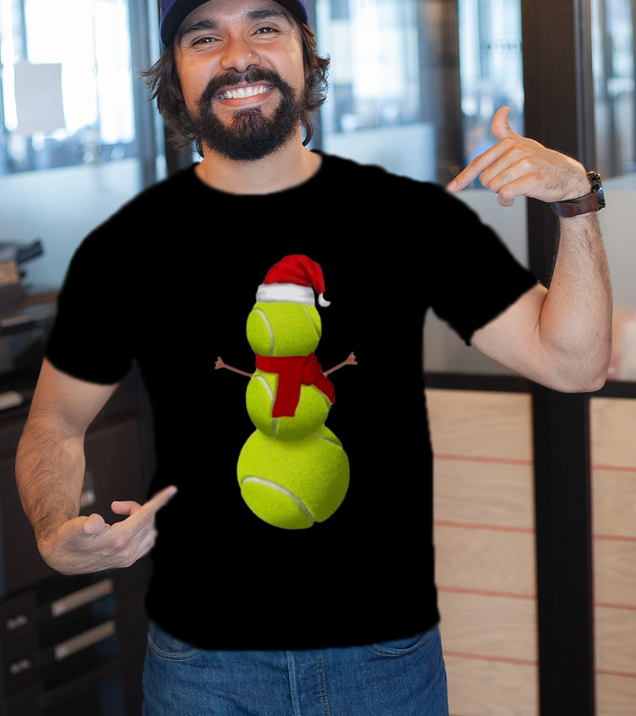 Tennis Ball Snowman With Santa Hat And Scarf Merry Christmas T-Shirt