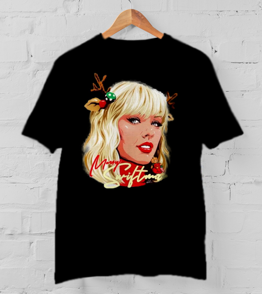 Merry Swiftmas Christmas Reindeer Antlers Bluscious Red Lips Holiday T-Shirt