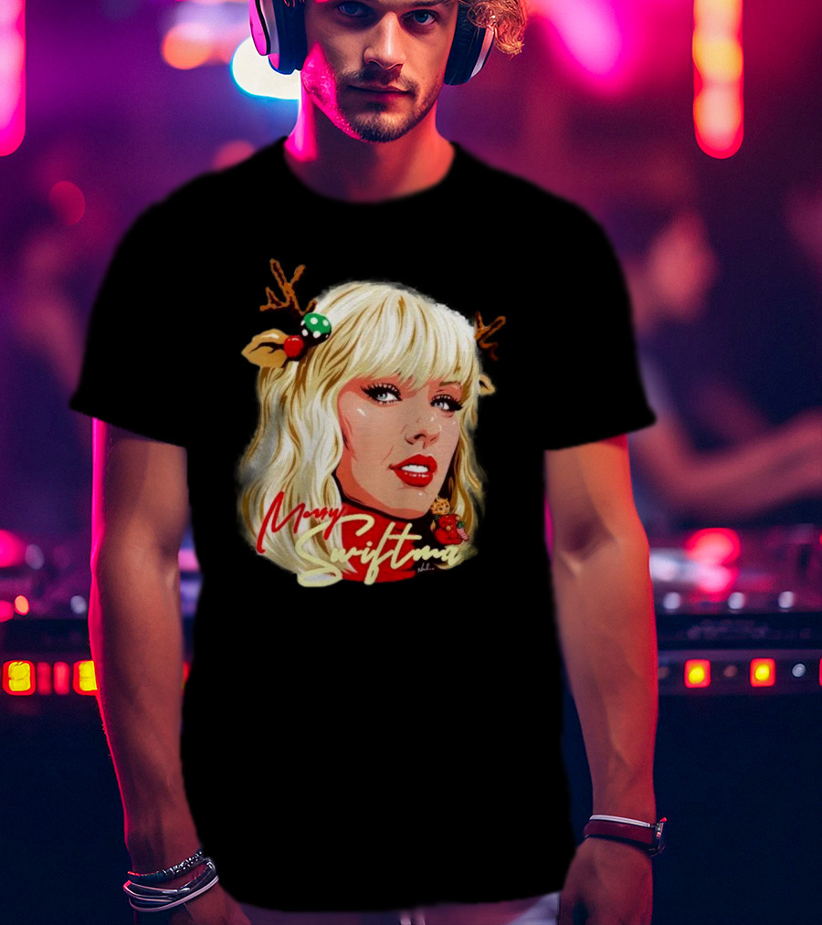 Merry Swiftmas Christmas Reindeer Antlers Bluscious Red Lips Holiday T-Shirt