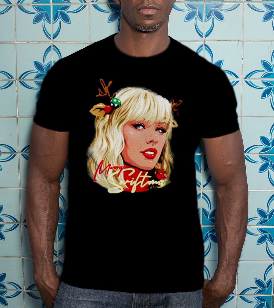 Merry Swiftmas Christmas Reindeer Antlers Bluscious Red Lips Holiday T-Shirt