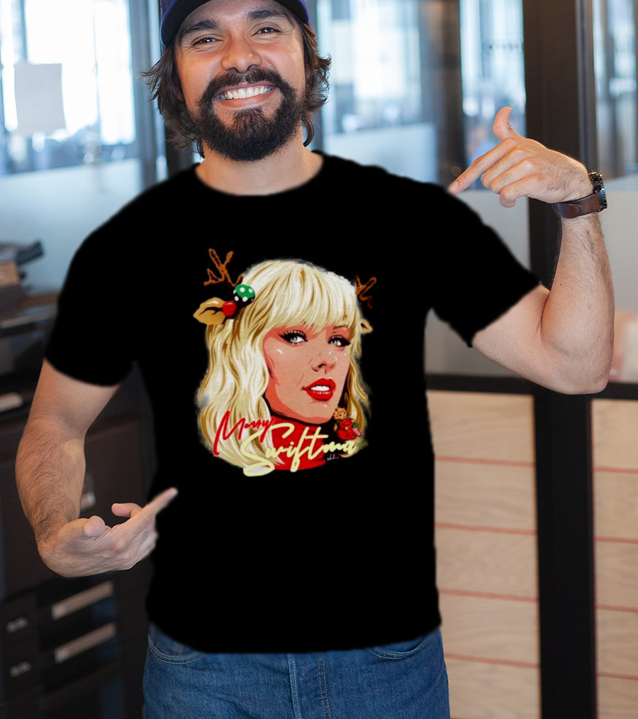 Merry Swiftmas Christmas Reindeer Antlers Bluscious Red Lips Holiday T-Shirt