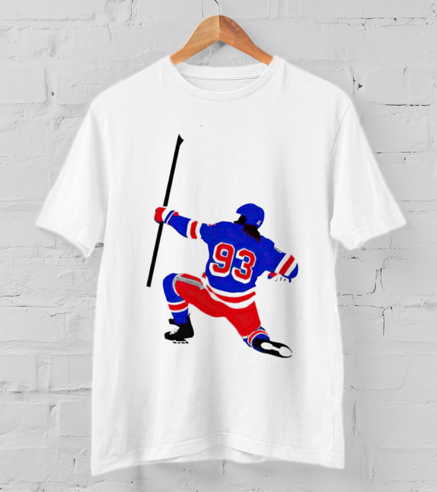 Mika Zibanejad Number 93 Hockey Celebration Iconic Bowing Pose T-Shirt