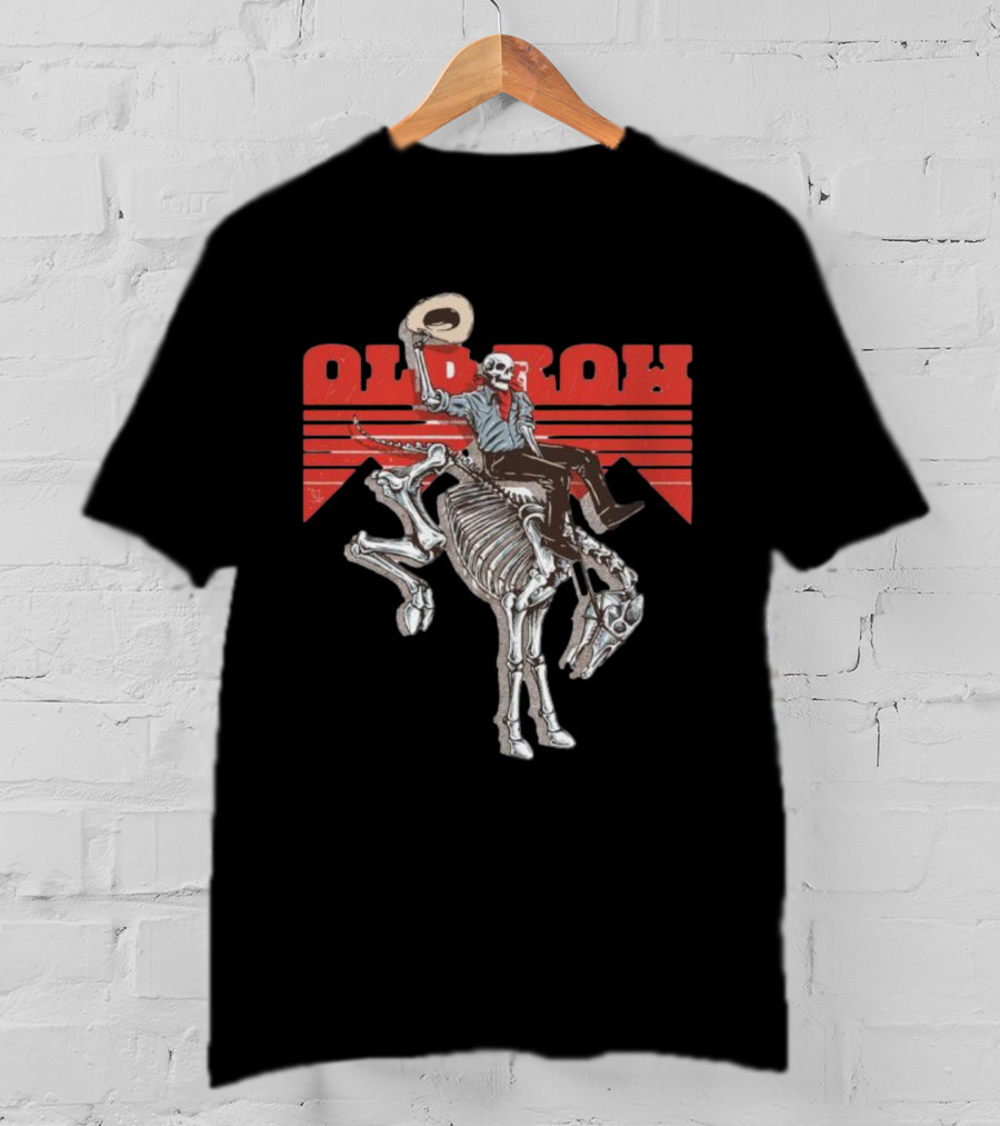 Old Row Skeleton Cowboy Riding A Skeleton Horse With Red Background Stripes T-Shirt