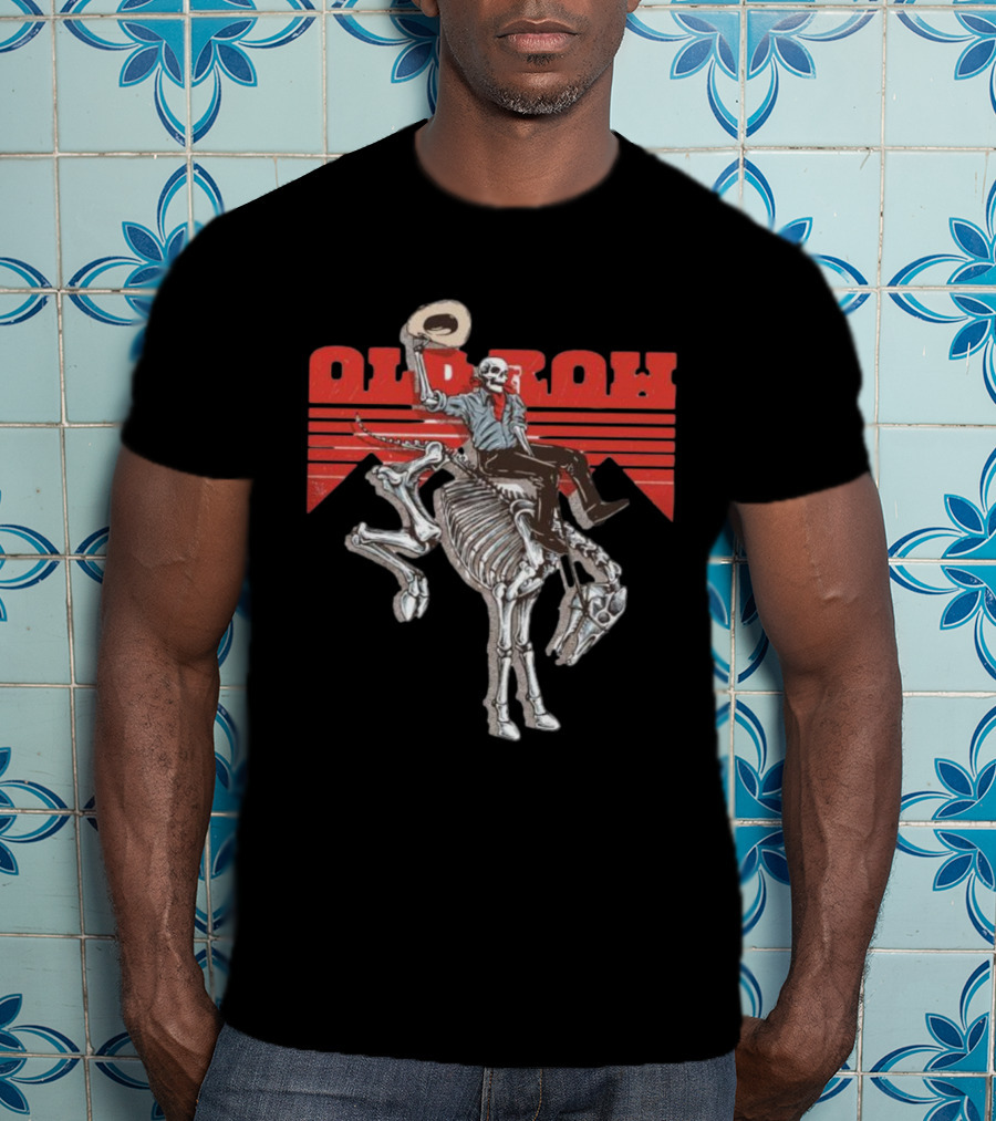 Old Row Skeleton Cowboy Riding A Skeleton Horse With Red Background Stripes T-Shirt