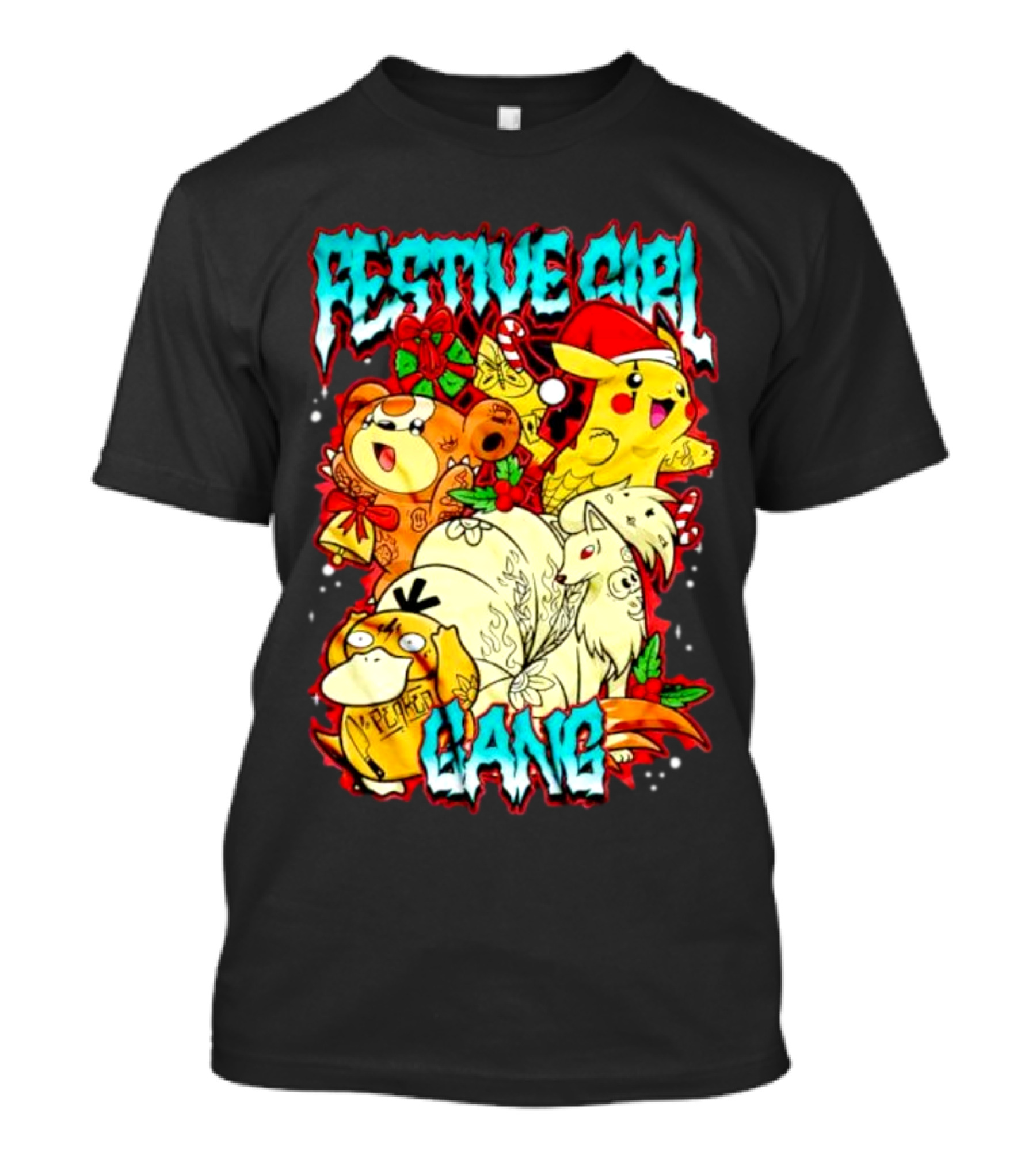 Festive Girl Gang Pokémon Pikachu Psyduck Clefairy Vulpix Christmas T-Shirt