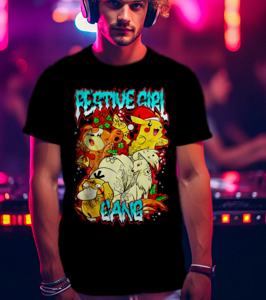 Festive Girl Gang Pokémon Pikachu Psyduck Clefairy Vulpix Christmas T-Shirt