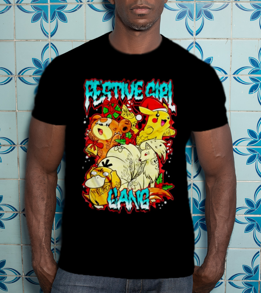 Festive Girl Gang Pokémon Pikachu Psyduck Clefairy Vulpix Christmas T-Shirt