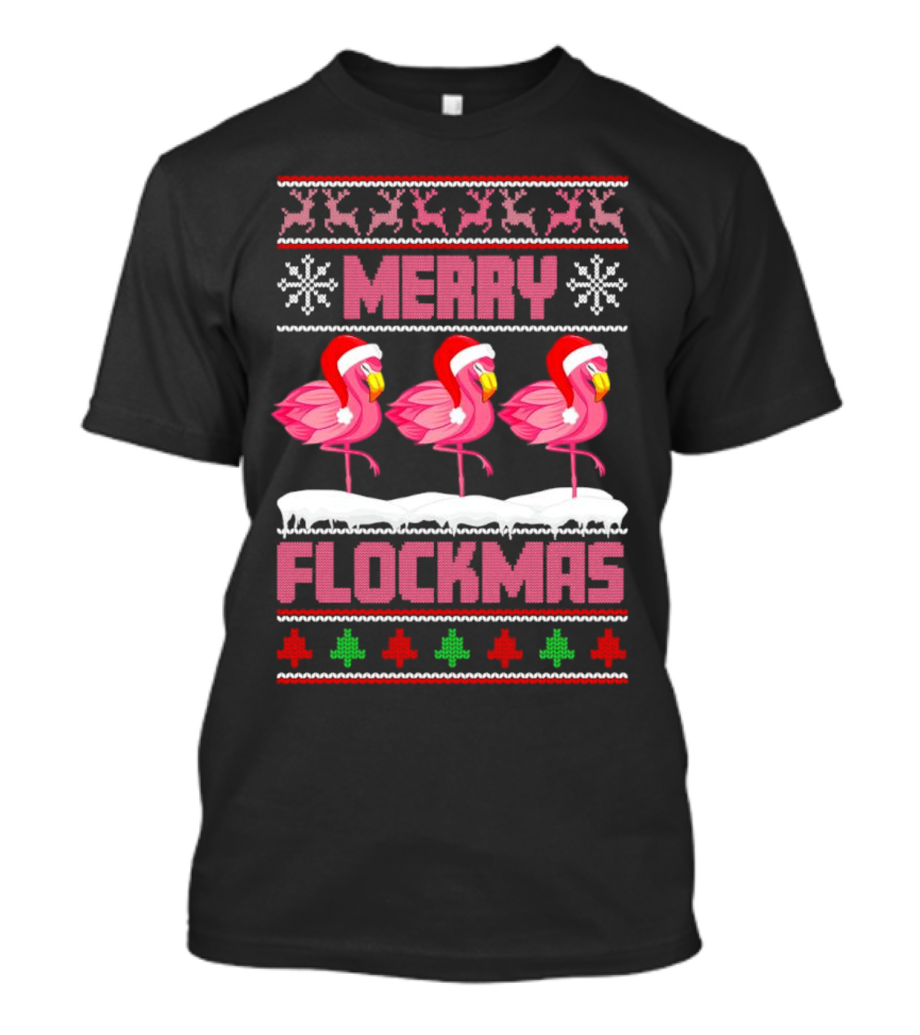 Merry Flockmas Christmas Santa Flamingo Trio Holiday T-Shirt