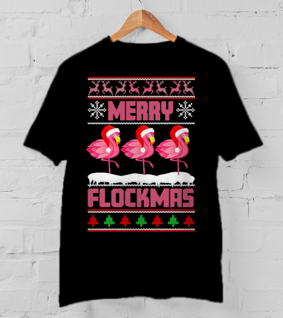Merry Flockmas Christmas Santa Flamingo Trio Holiday T-Shirt