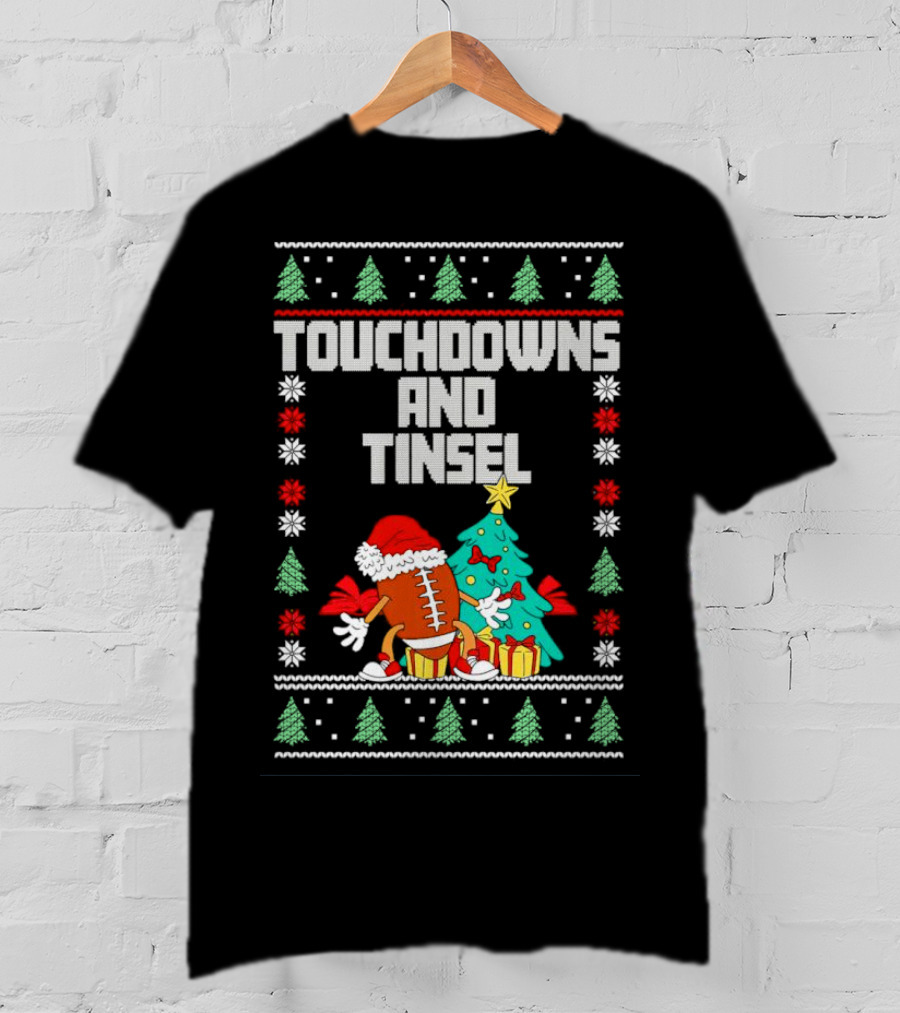 Touchdowns And Tinsel Christmas Football Santa With Tree And Gifts T-Shirt