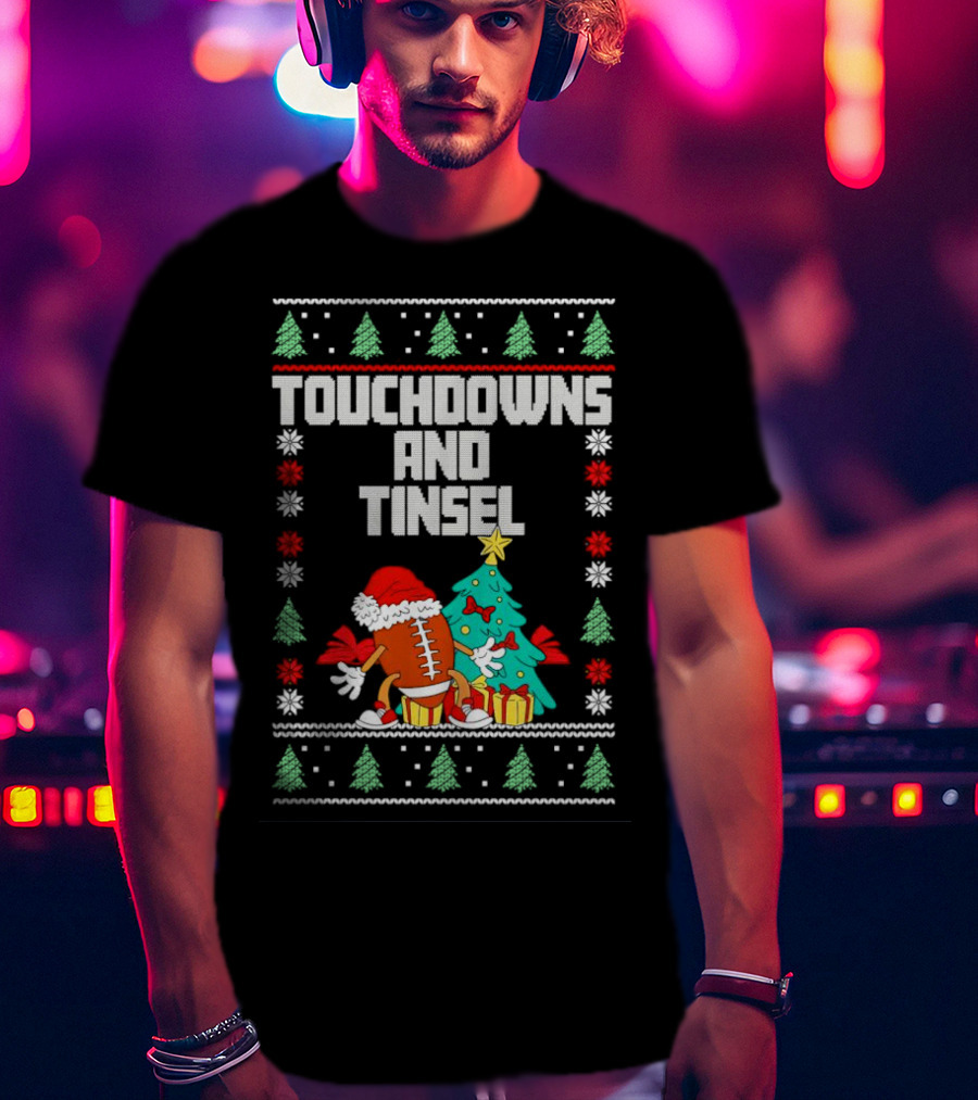 Touchdowns And Tinsel Christmas Football Santa With Tree And Gifts T-Shirt