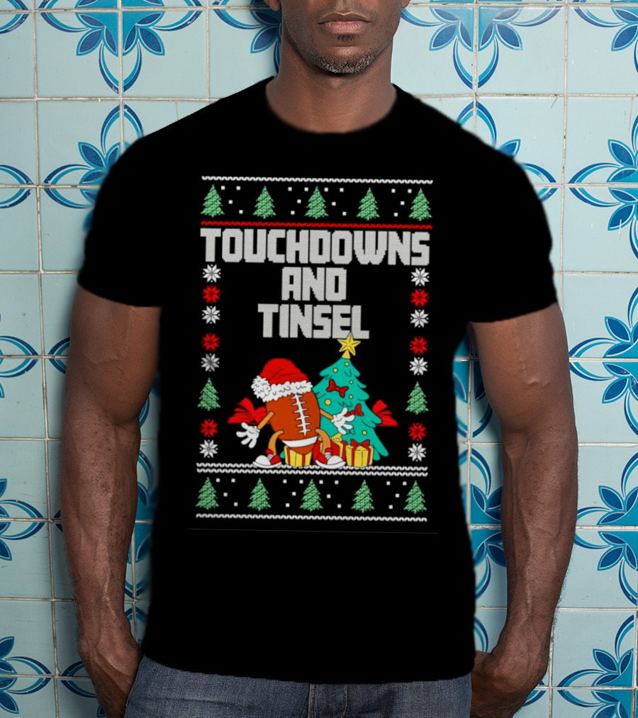Touchdowns And Tinsel Christmas Football Santa With Tree And Gifts T-Shirt