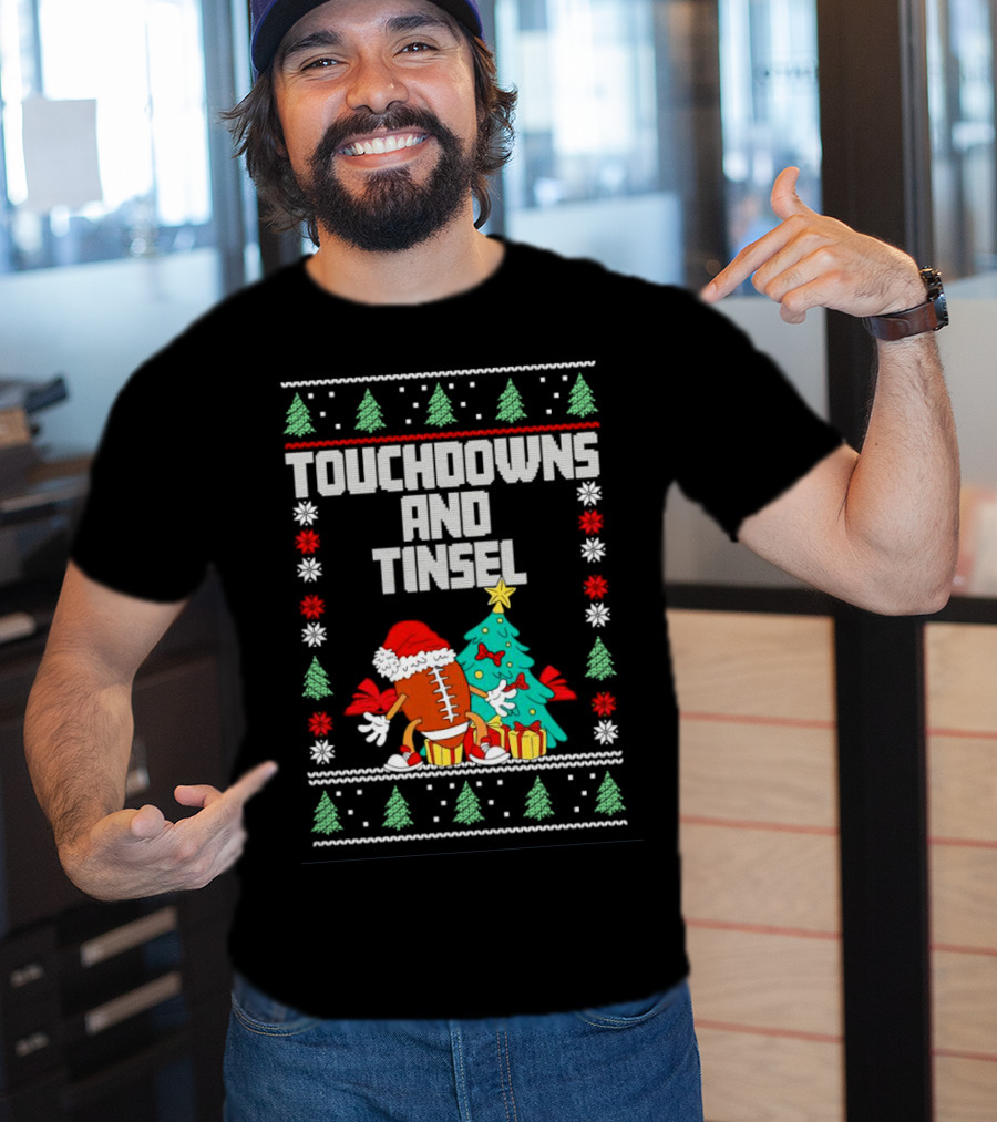 Touchdowns And Tinsel Christmas Football Santa With Tree And Gifts T-Shirt