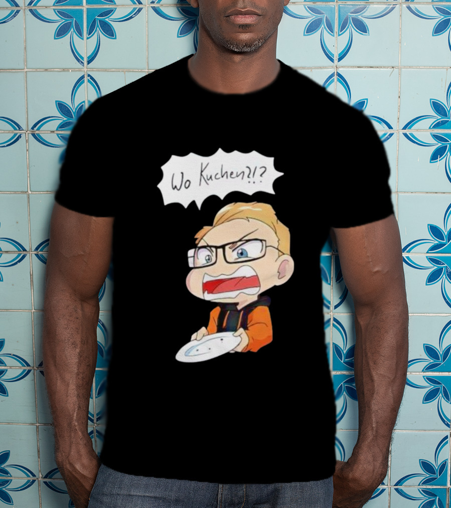 Wo Kuchen Cartoon Character With Glasses Holding A Plate T-Shirt