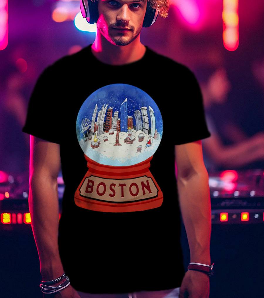 Boston Cityscape Snow Globes Christmas Holiday Scene T-Shirt
