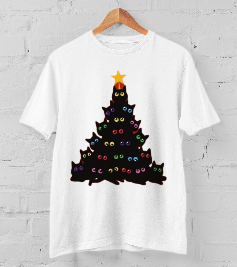 Cat Christmas Tree With Colorful Eyes And Star Top T-Shirt