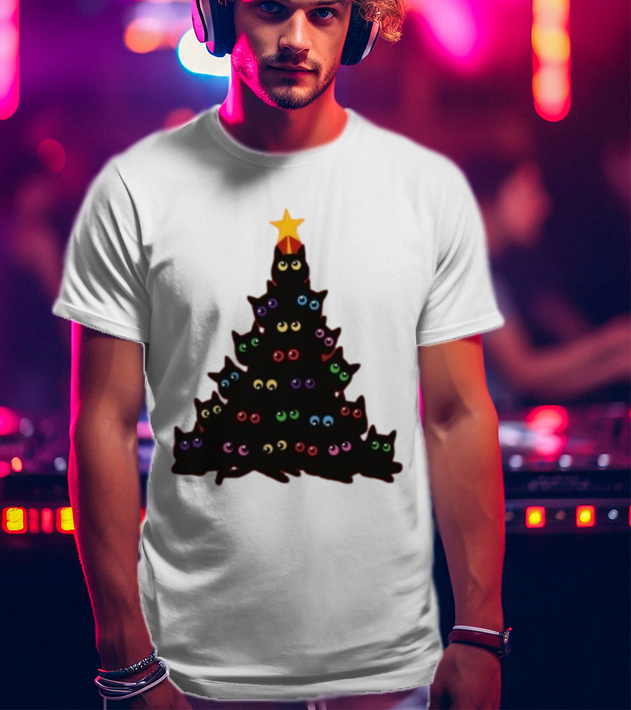 Cat Christmas Tree With Colorful Eyes And Star Top T-Shirt