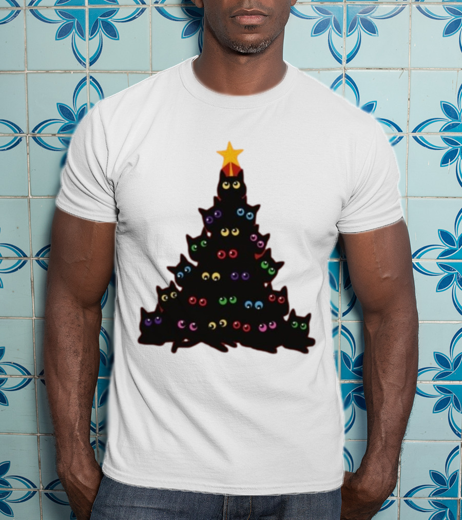 Cat Christmas Tree With Colorful Eyes And Star Top T-Shirt