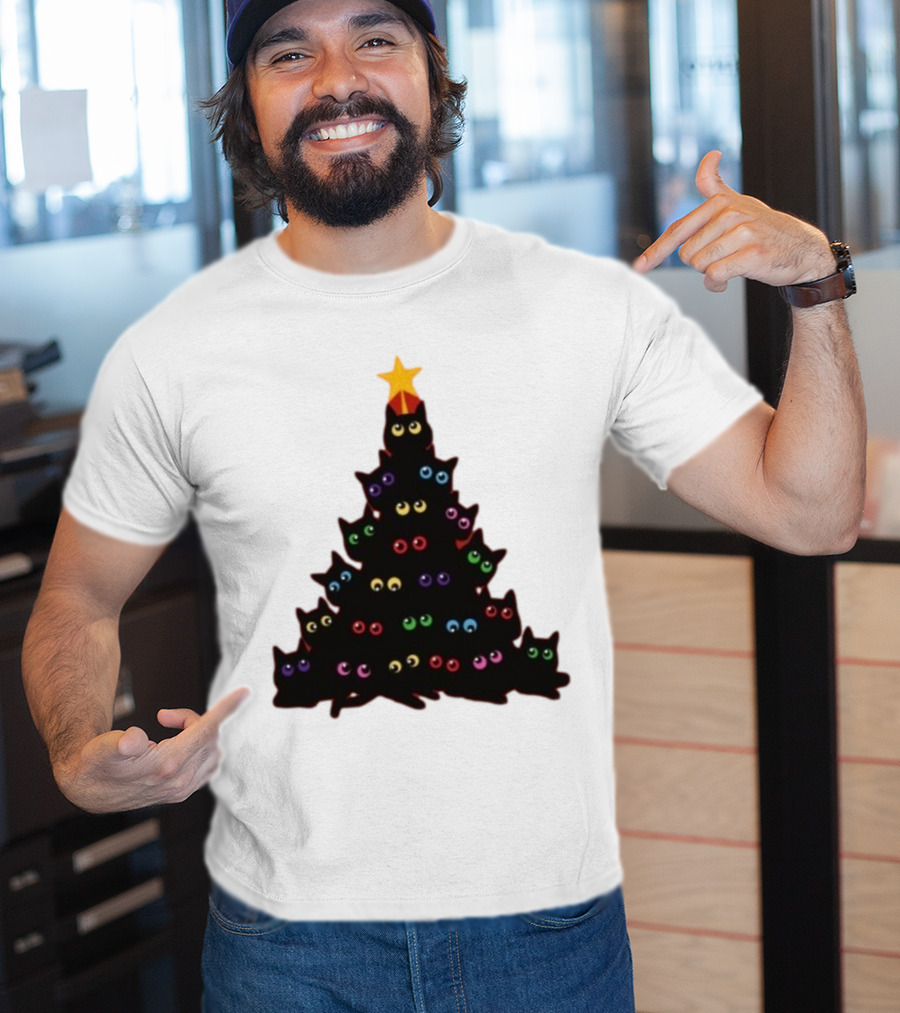 Cat Christmas Tree With Colorful Eyes And Star Top T-Shirt