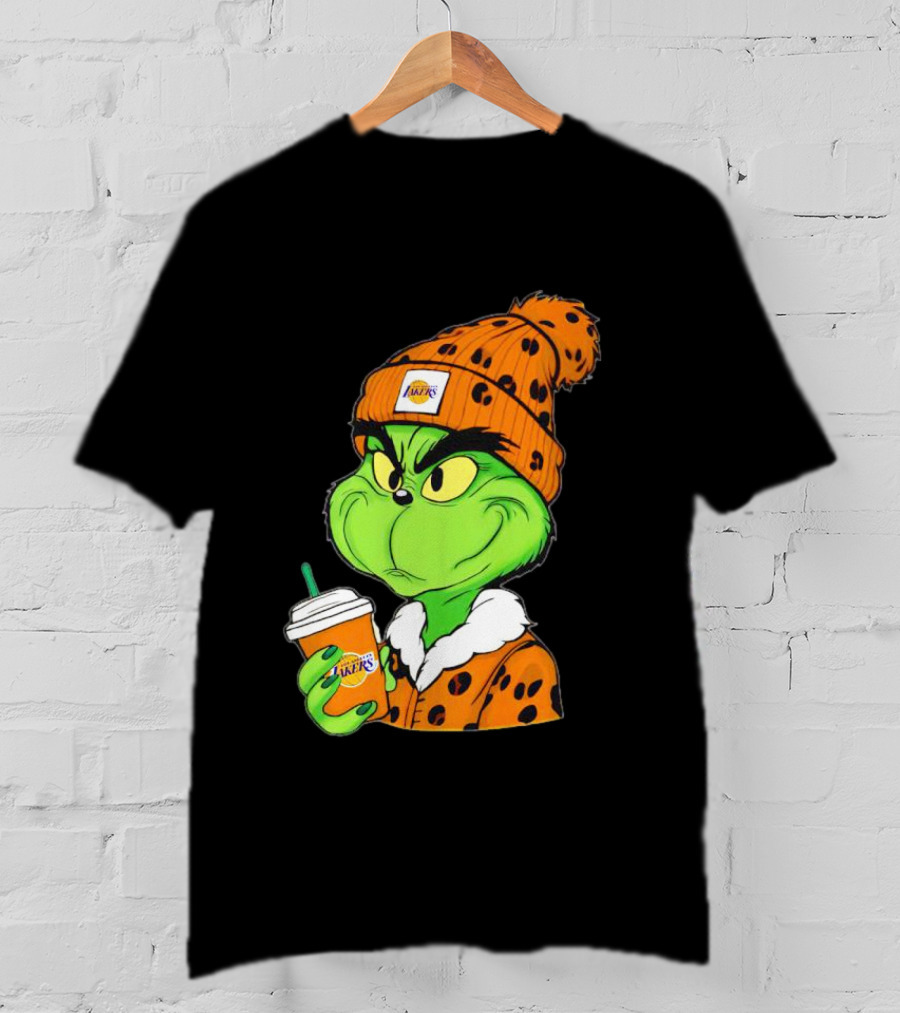 Grinch Drinking Los Angeles Lakers Cup Wearing Beanie T-Shirt