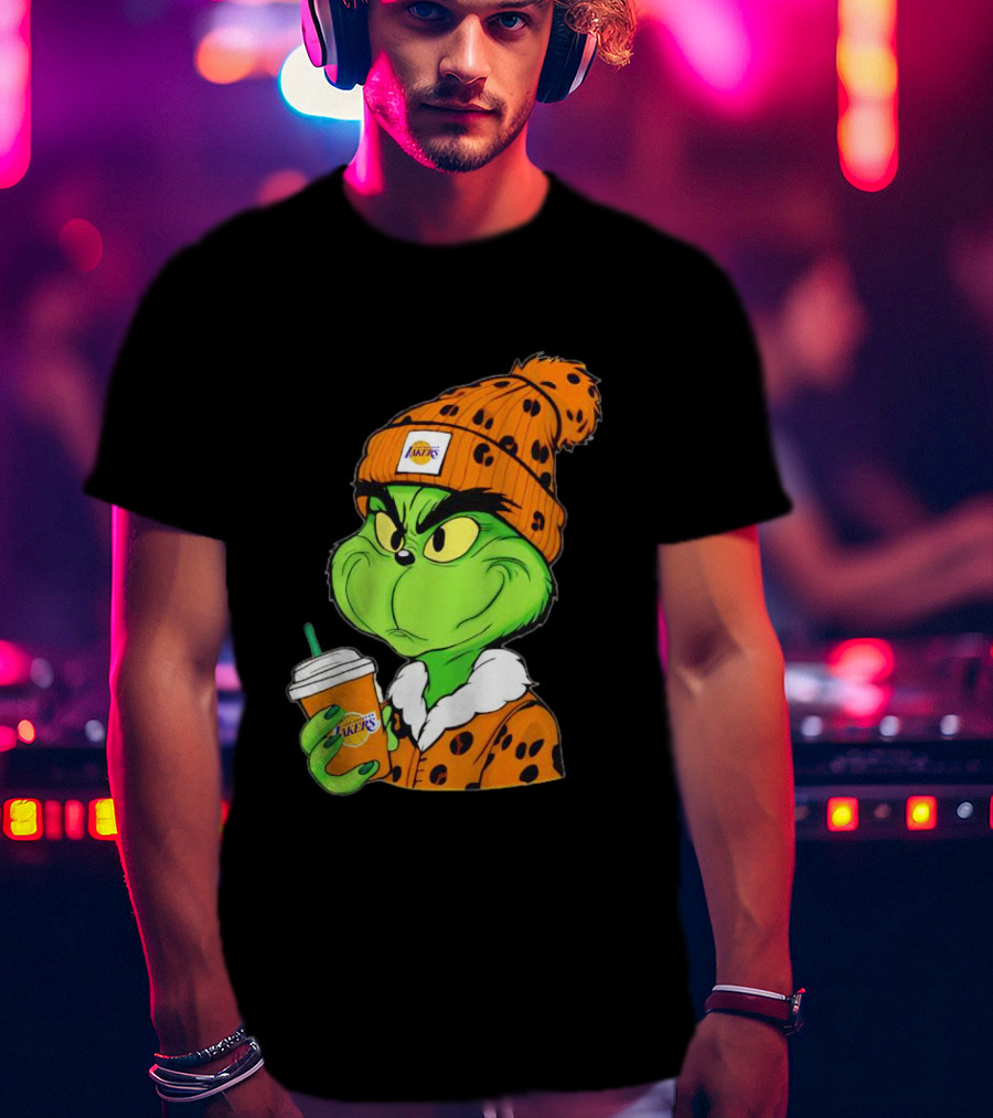 Grinch Drinking Los Angeles Lakers Cup Wearing Beanie T-Shirt