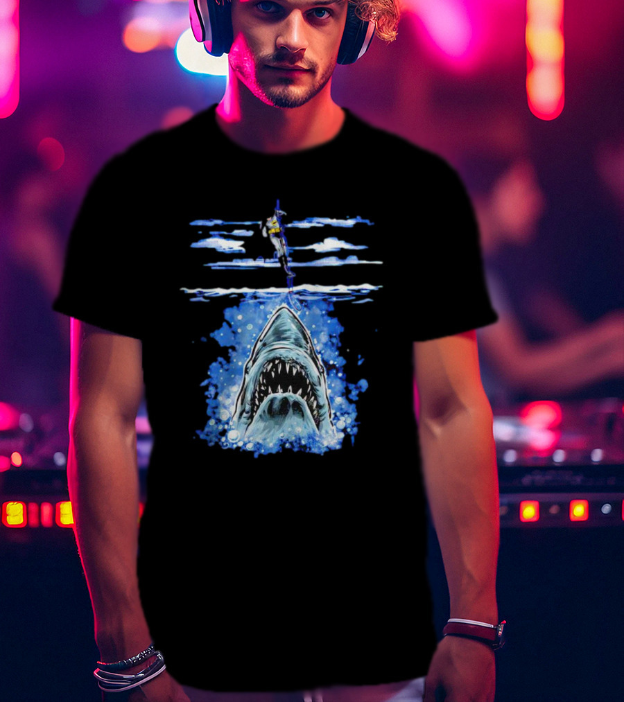 Jaws Batman Shark Repellent Hanging Above Menacing Shark T-Shirt