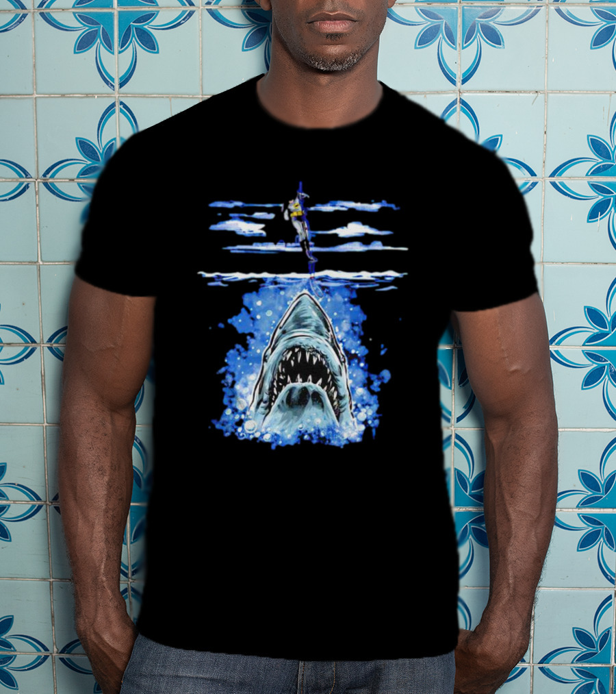 Jaws Batman Shark Repellent Hanging Above Menacing Shark T-Shirt