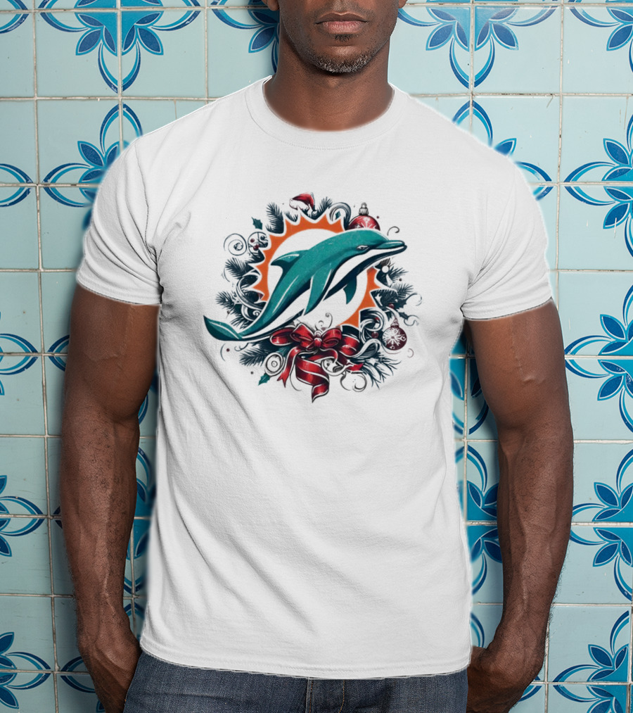 Miami Dolphins Holiday Wreath Christmas Ornament Bow T-Shirt