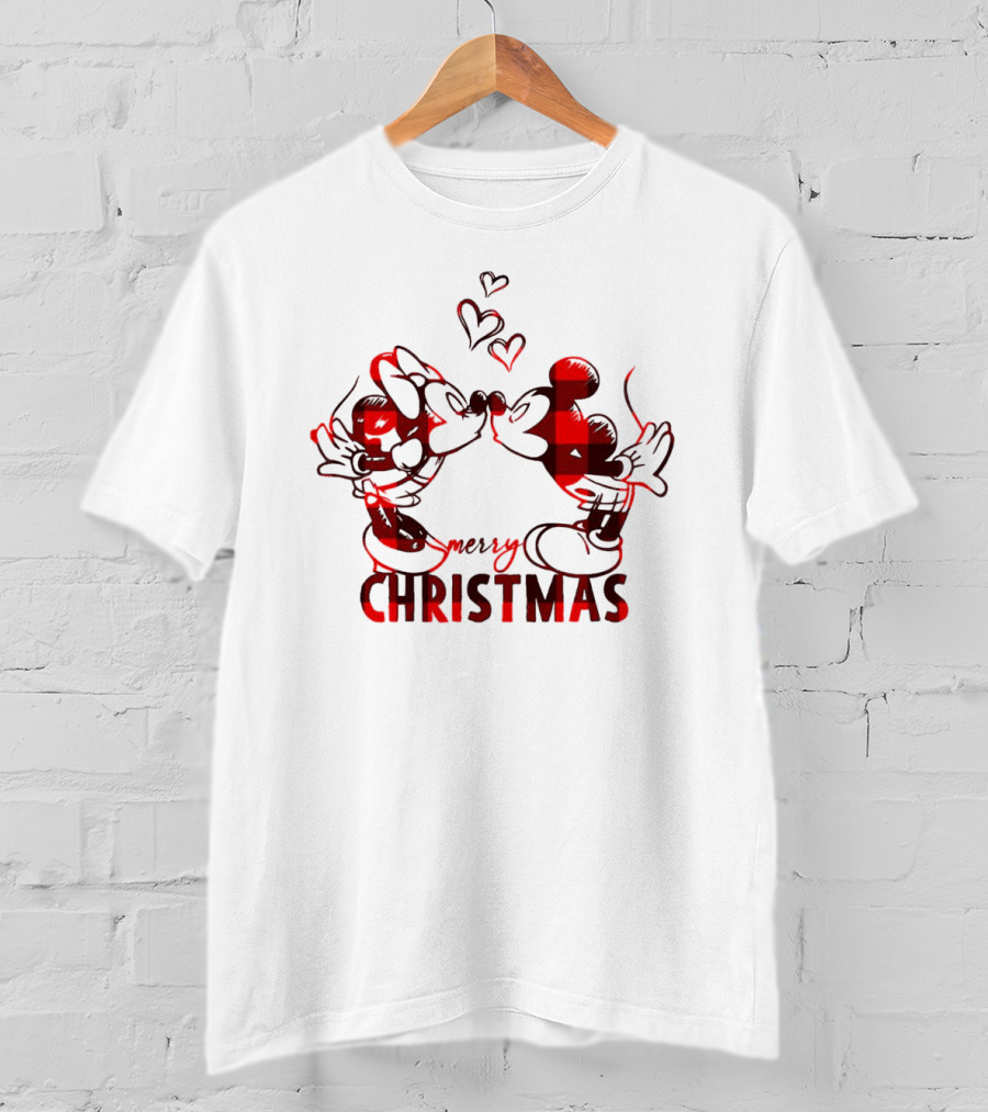 Mickey Minnie Kissing Merry Christmas Hearts Red Plaid T-Shirt