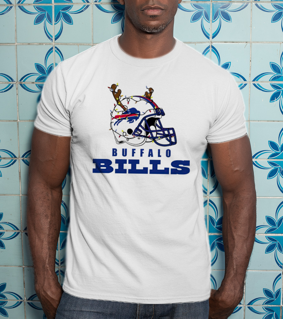 Buffalo Bills Helmet With Deer Antlers And Christmas Lights T-Shirt