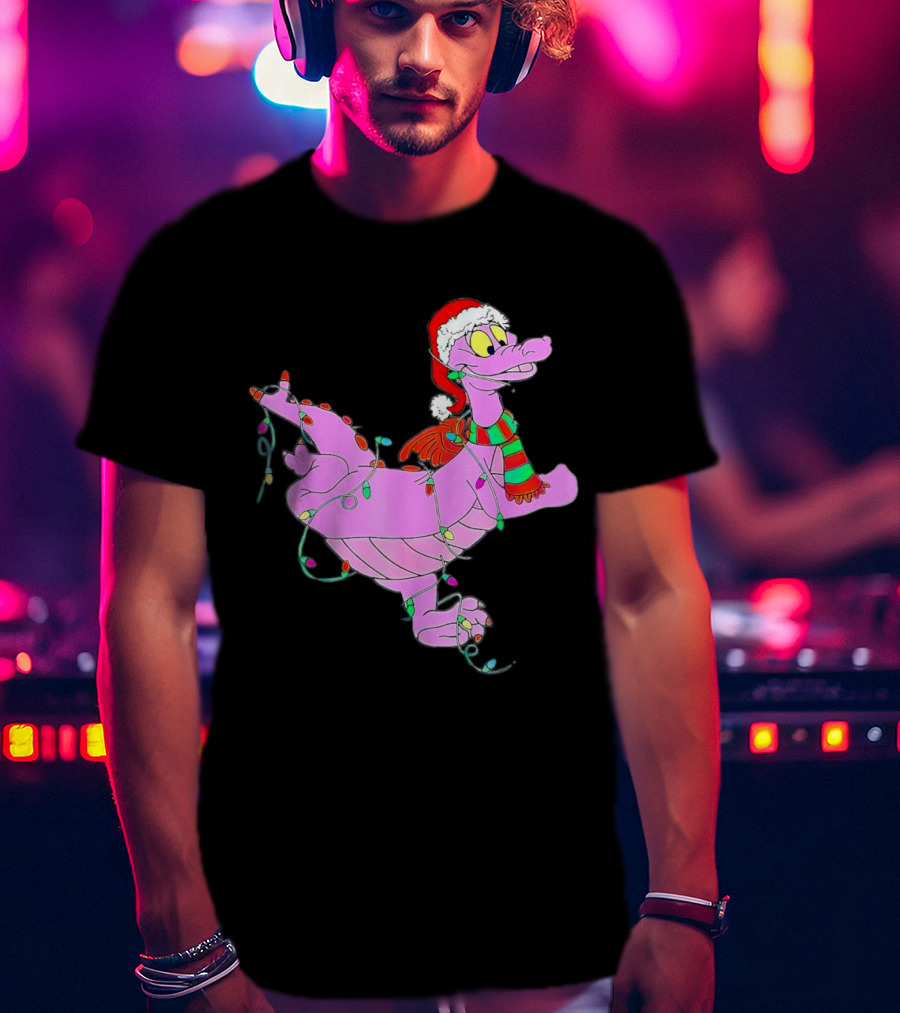 Dragon Figment In Santa Hat Wrapped In Christmas Lights T-Shirt
