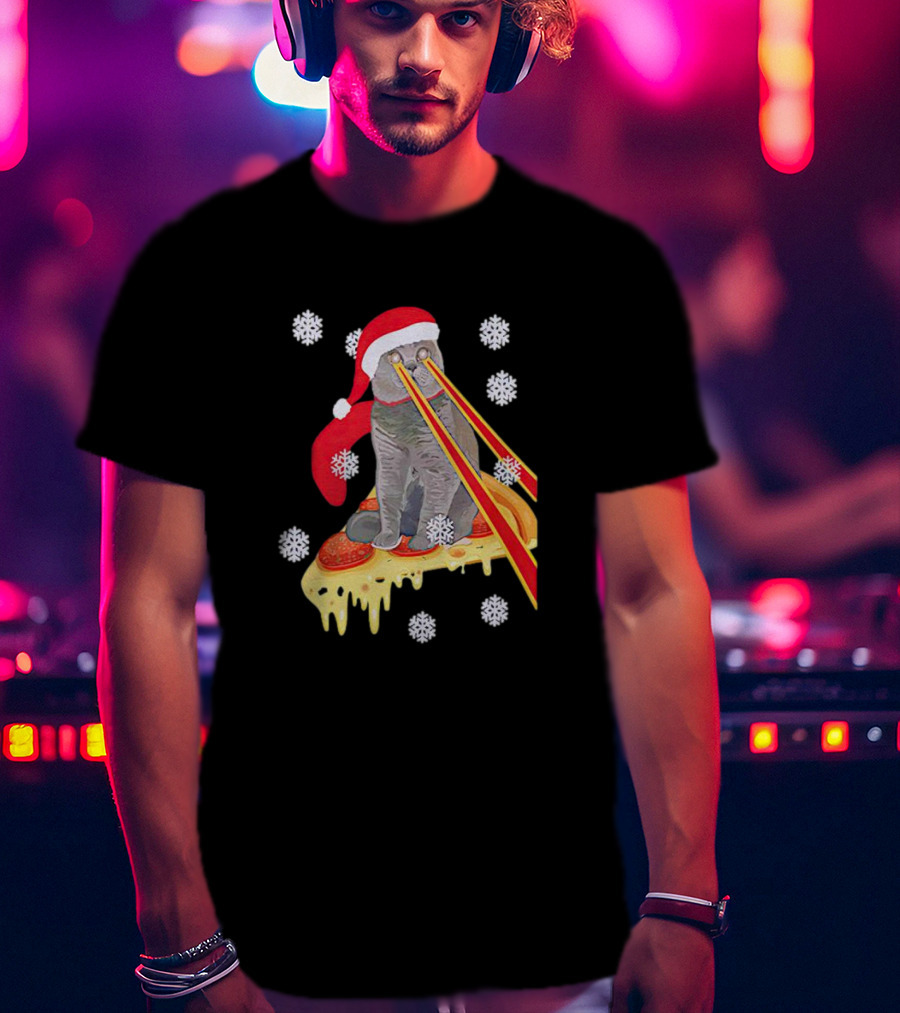 Santa Cat With Laser Eyes On Cheesy Pizza Snowflakes T-Shirt