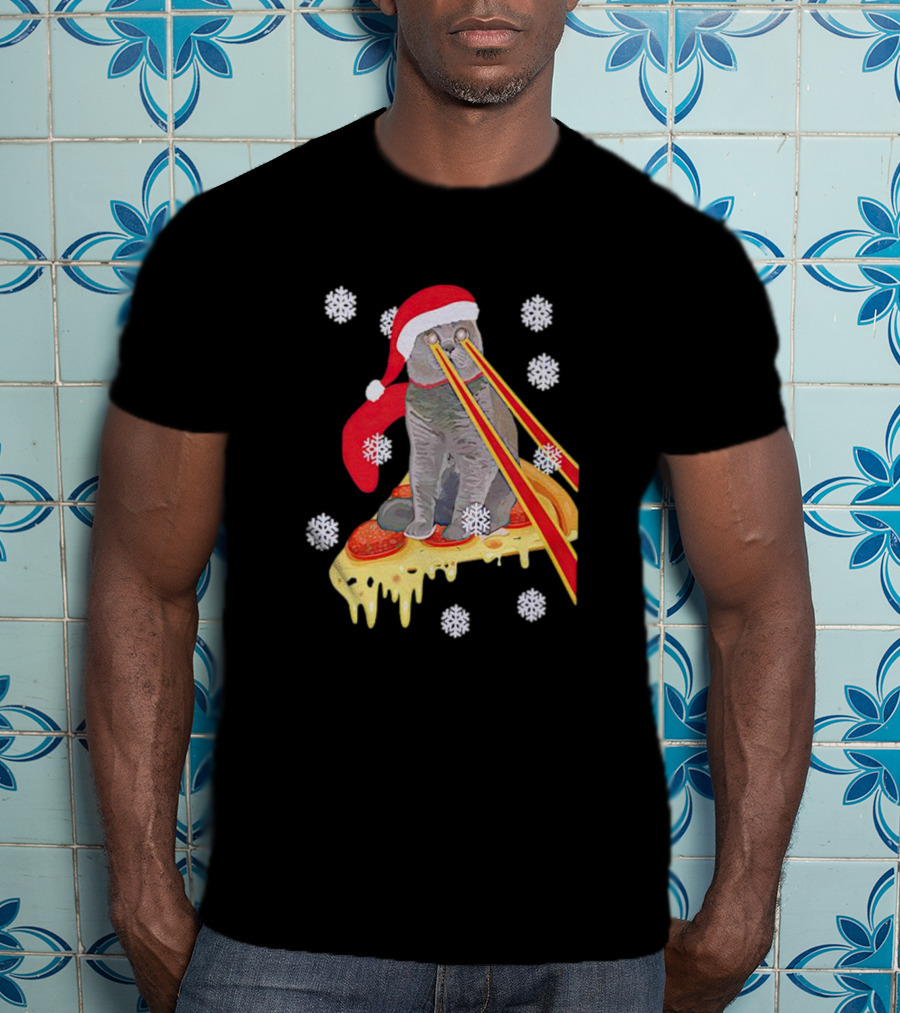 Santa Cat With Laser Eyes On Cheesy Pizza Snowflakes T-Shirt