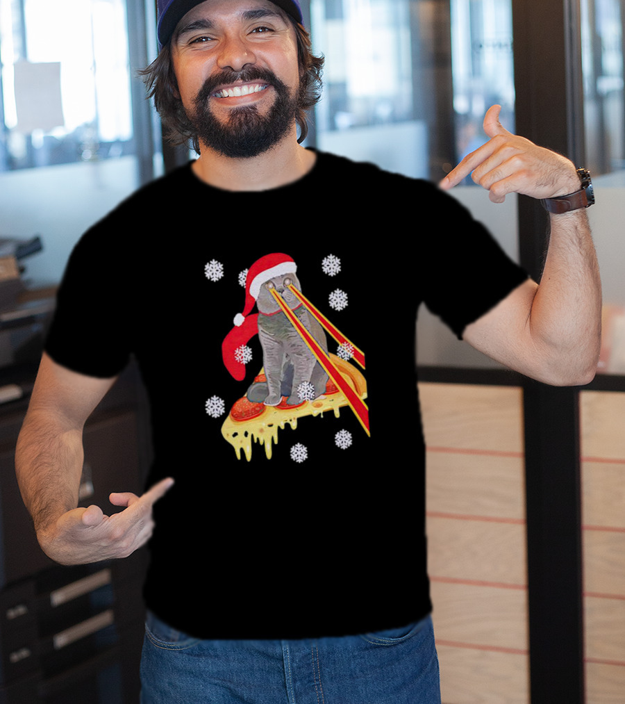 Santa Cat With Laser Eyes On Cheesy Pizza Snowflakes T-Shirt