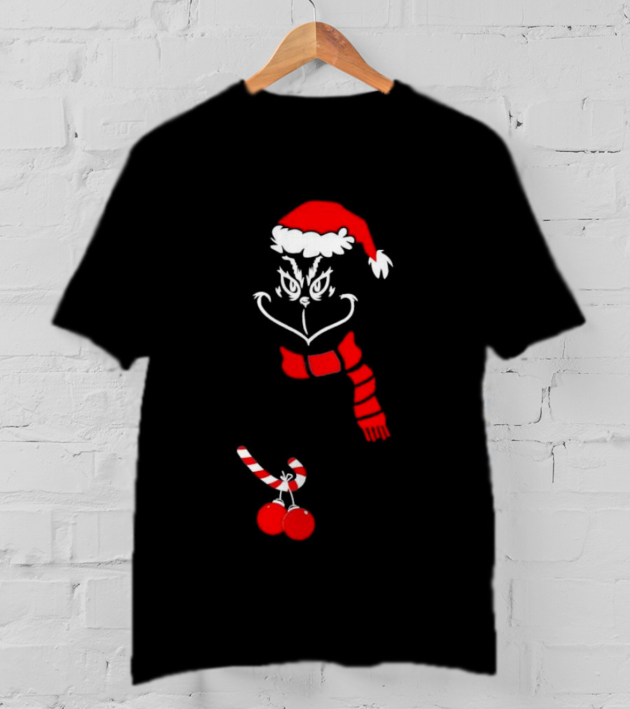 Grinch Santa Hat Scarf Candy Cane Christmas Balls T-Shirt