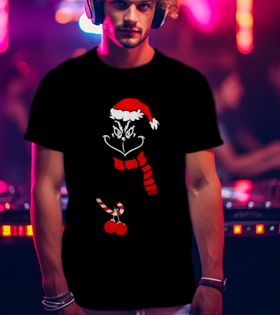 Grinch Santa Hat Scarf Candy Cane Christmas Balls T-Shirt