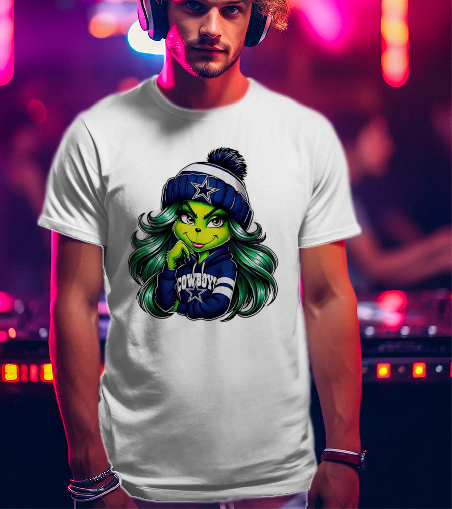 Grinch Girl In Dallas Cowboys Hat And Hoodie With Star T-Shirt
