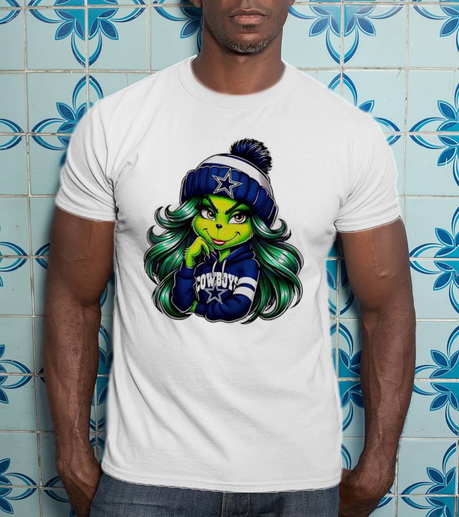 Grinch Girl In Dallas Cowboys Hat And Hoodie With Star T-Shirt