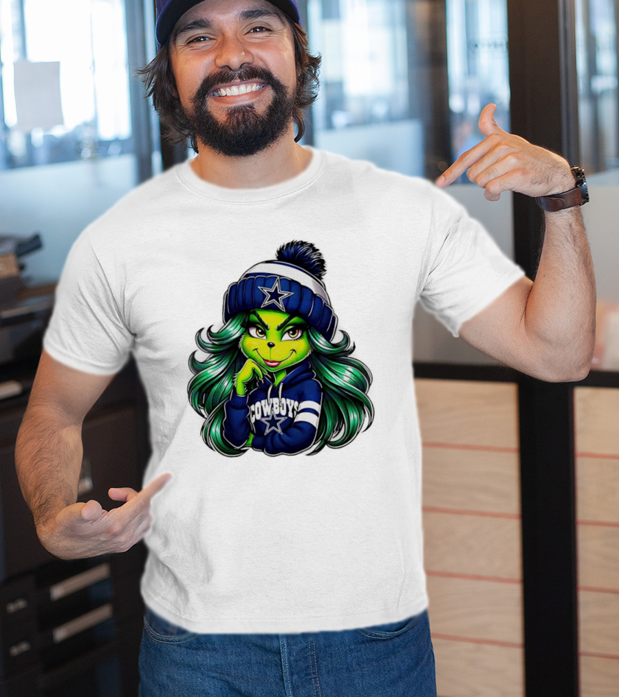 Grinch Girl In Dallas Cowboys Hat And Hoodie With Star T-Shirt
