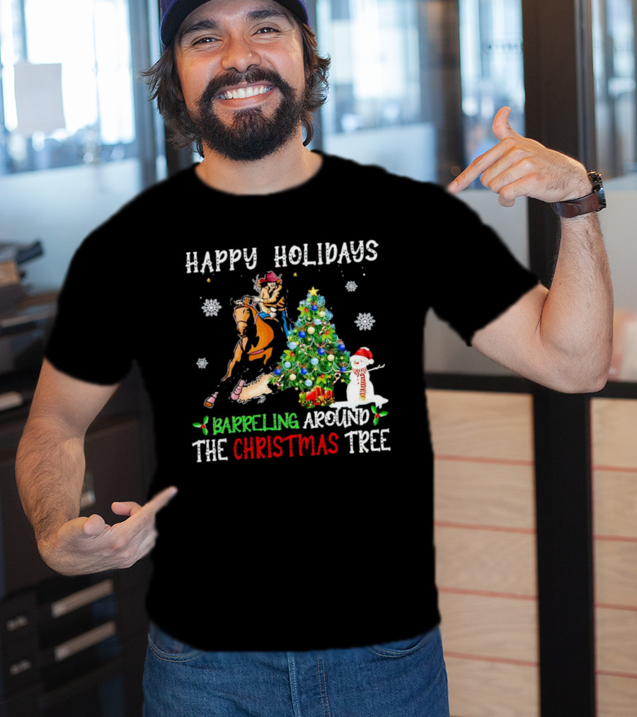 Happy Holidays Barreling Around The Christmas Tree With Cowboy And Snowman T-Shirt