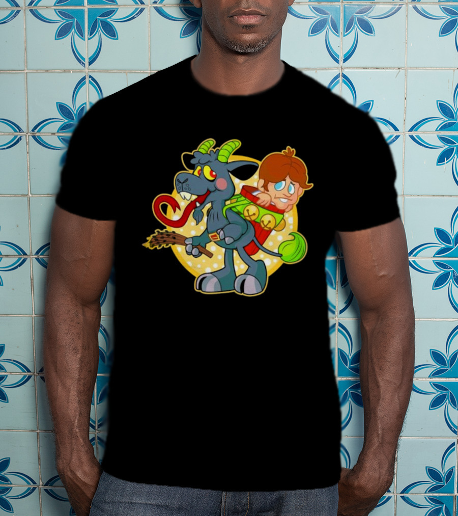 Krampus Rankin-Kramp Cartoon Goat With Red Backpack And Child T-Shirt