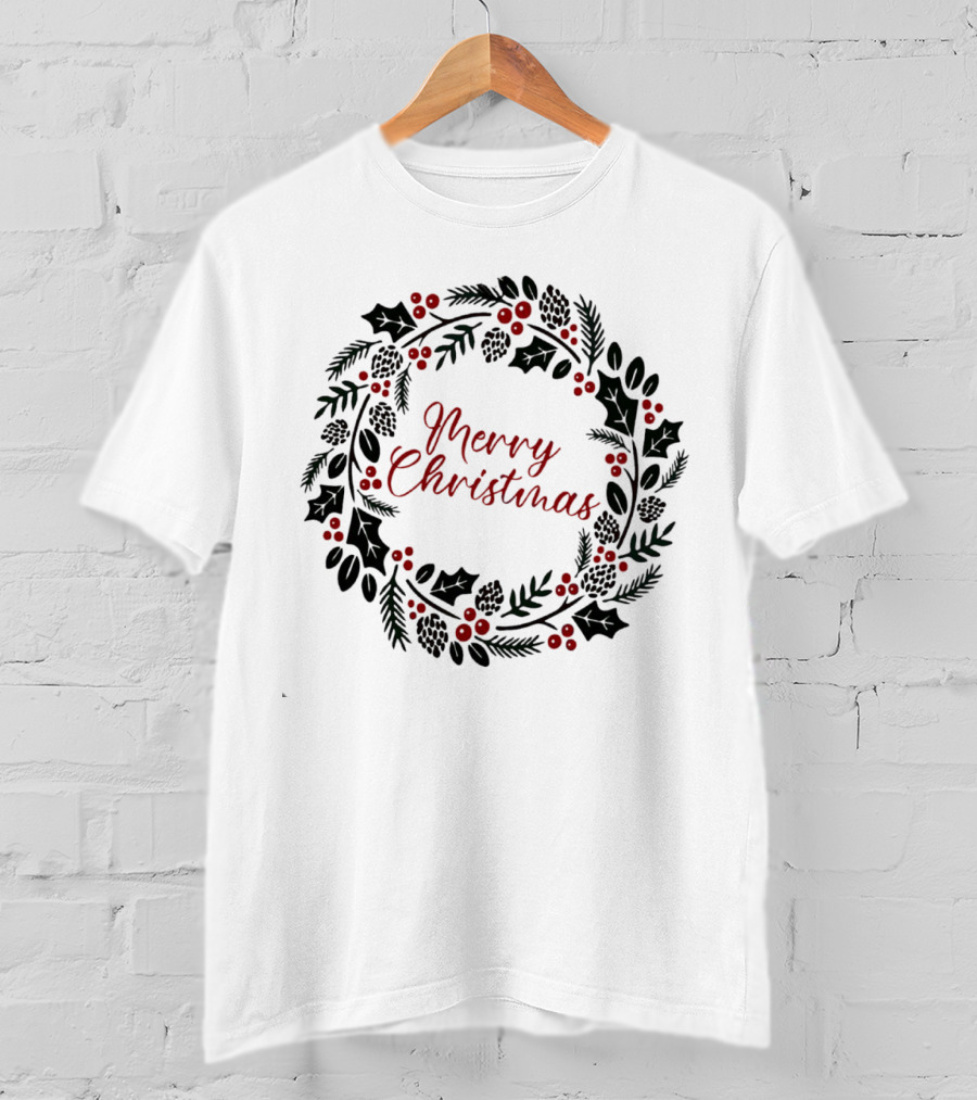 Merry Christmas Wreath With Pinecones And Holly T-Shirt
