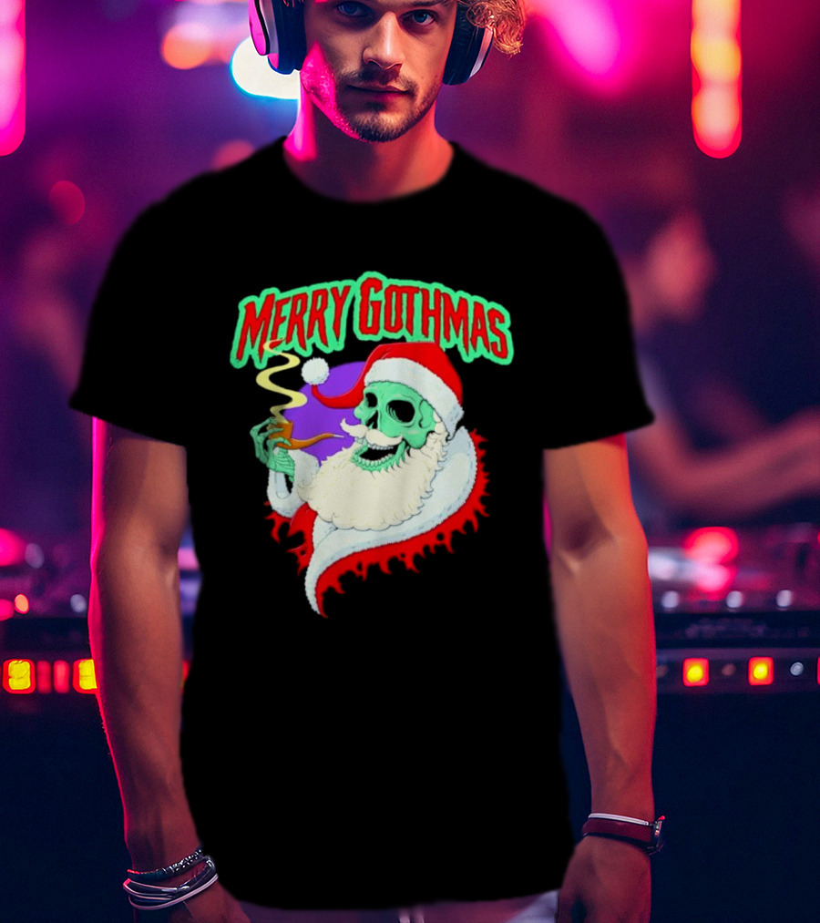 Merry Gothmas Skull Santa Smoking Holiday Greeting T-Shirt