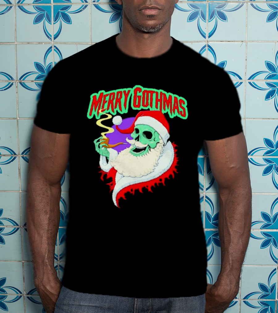 Merry Gothmas Skull Santa Smoking Holiday Greeting T-Shirt