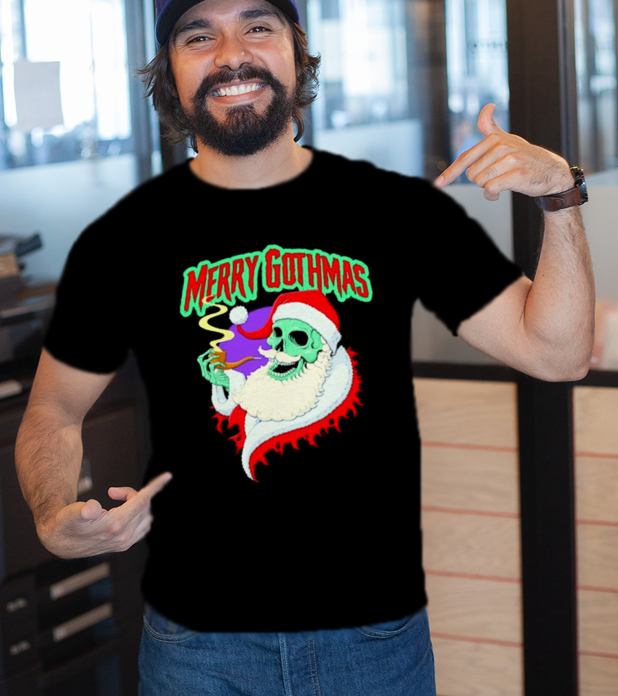 Merry Gothmas Skull Santa Smoking Holiday Greeting T-Shirt
