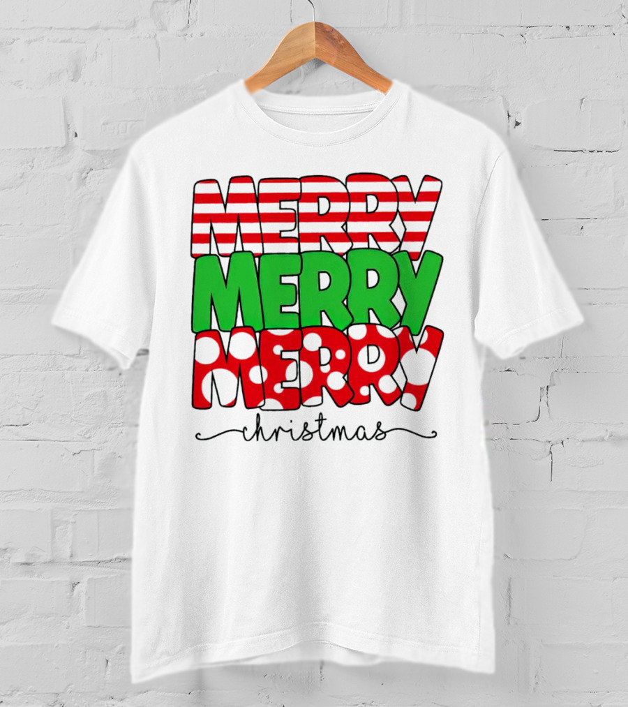 Merry Merry Merry Christmas Stripes And Polka Dots T-Shirt