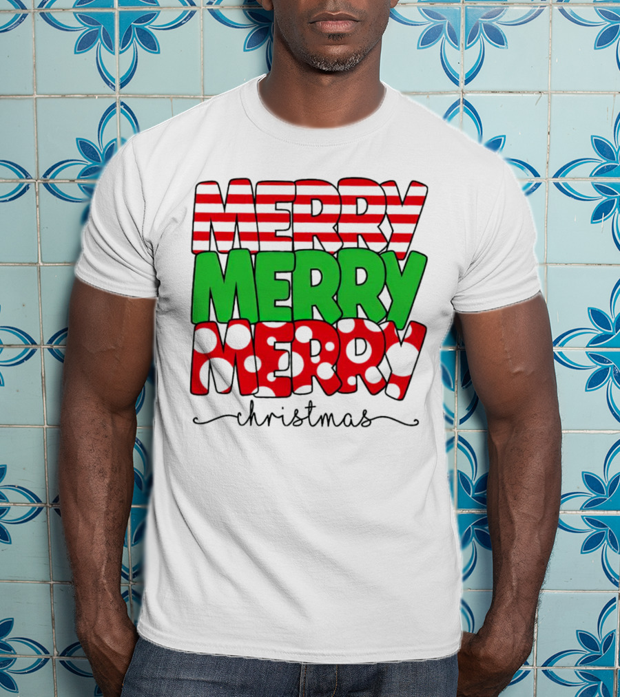 Merry Merry Merry Christmas Stripes And Polka Dots T-Shirt